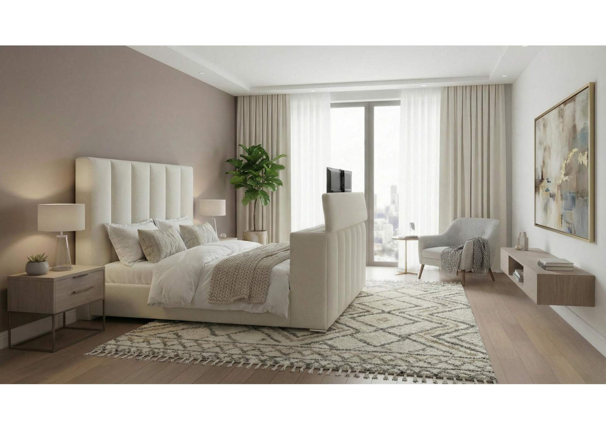 SERENITY-CREMA-QB_W_SPEAKER_TV_LIFT_FP SERENITY CREMA QUEEN BED WITH SPEAKER, TV LIFT AND FIREPLACE