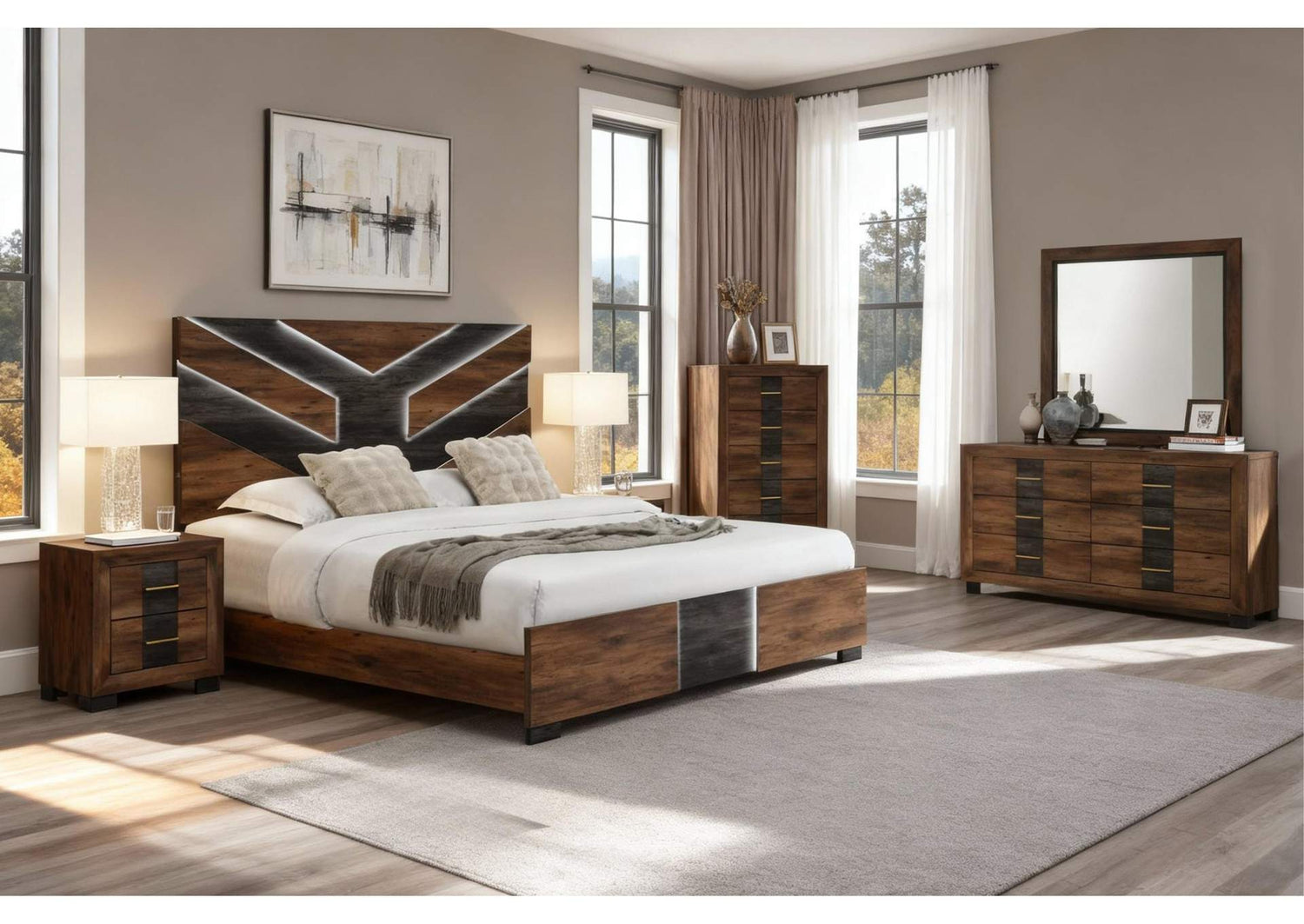 OPTIMUS-BRWN_BLK-QB_DR_MR_NS OPTIMUS BROWN - BLACK QUEEN BED, DRESSER, MIRROR AND NIGHTSTAND