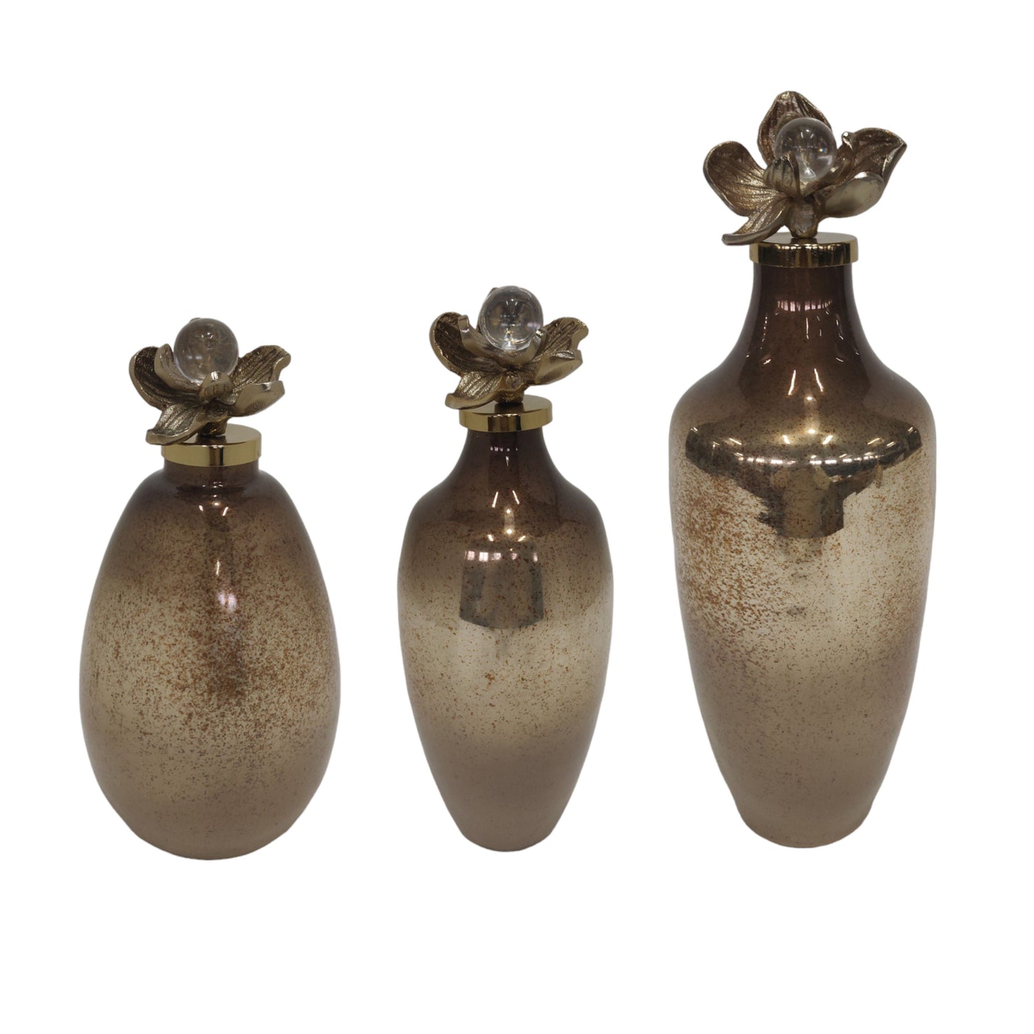 12" / 13" / 18" Quincy Glass Bottles With Metal Flwer Topper (Set of 3) - Black