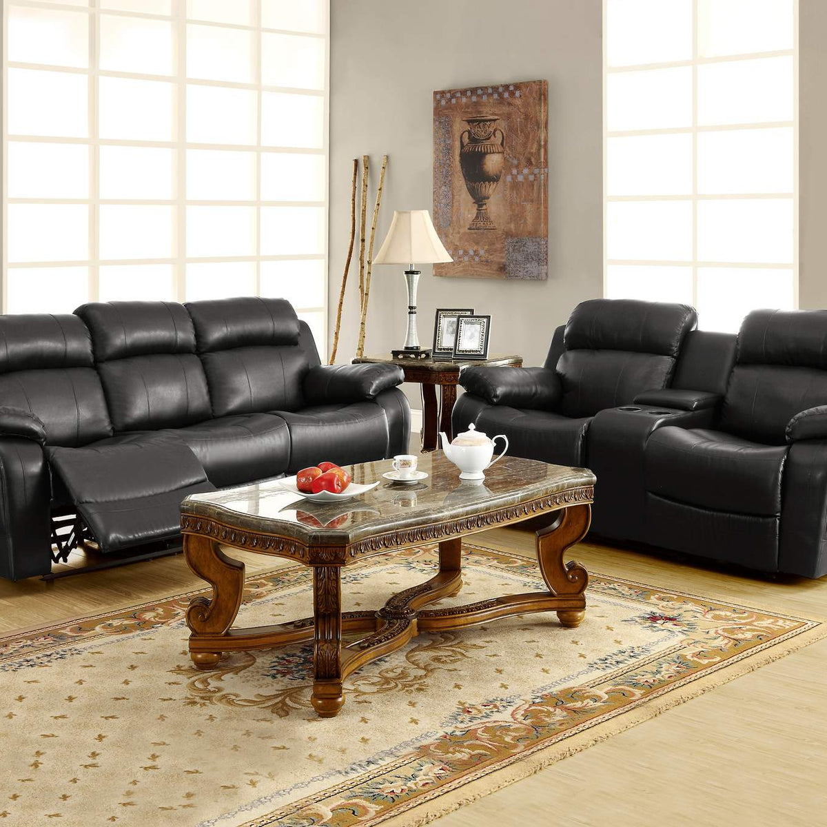 9724BLK-3 Marille Double Reclining Sofa with Center Drop-Down Cup Holders