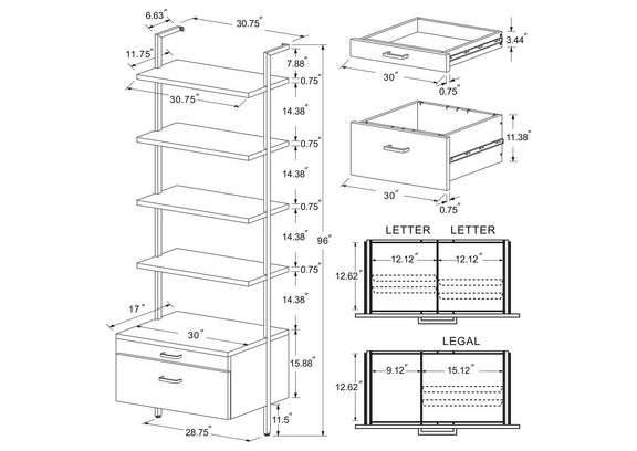 980074-S3 Owens 3-piece 96-inch Wall Mounted Bookshelf Set Walnut