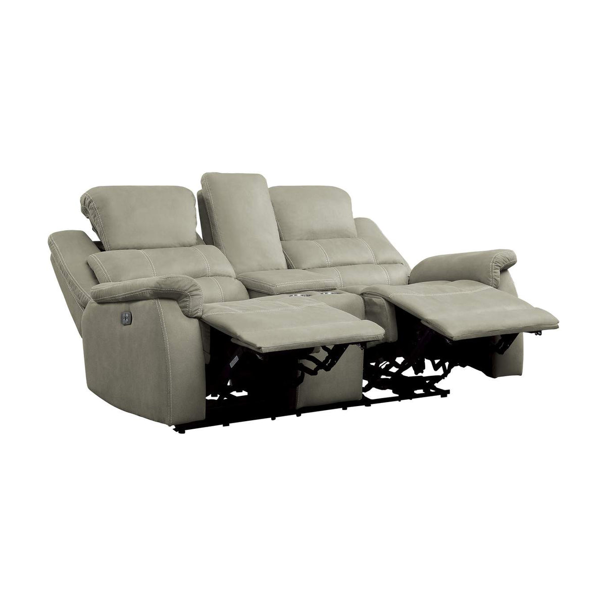 9848GY-2PWH Shola Power Double Reclining Love Seat with Center Console, Power Headrests and USB Ports