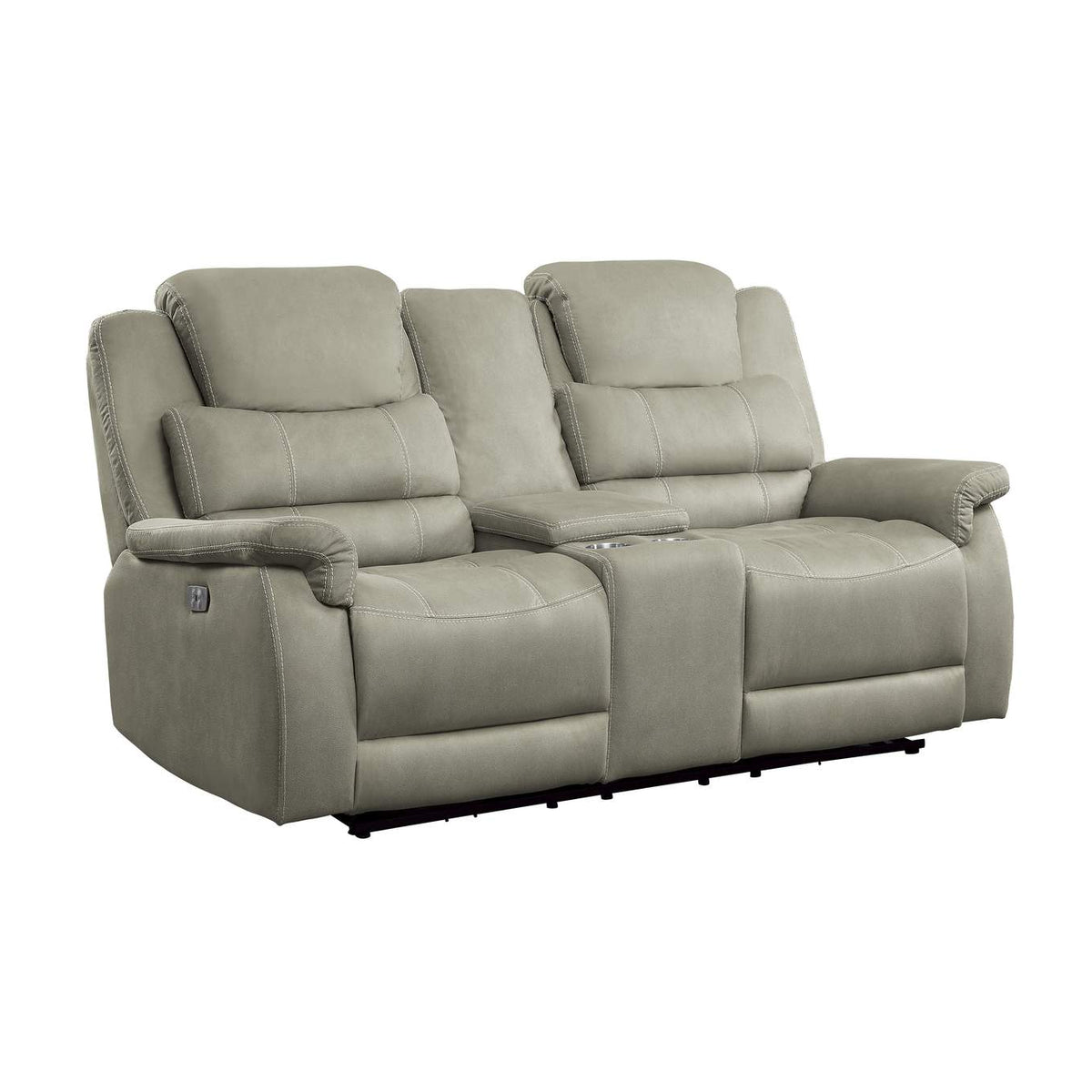 9848GY-2PWH Shola Power Double Reclining Love Seat with Center Console, Power Headrests and USB Ports