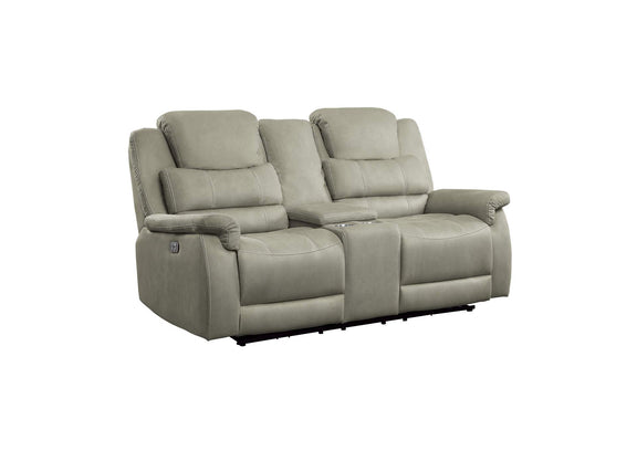 9848GY-2PWH Shola Power Double Reclining Love Seat with Center Console, Power Headrests and USB Ports
