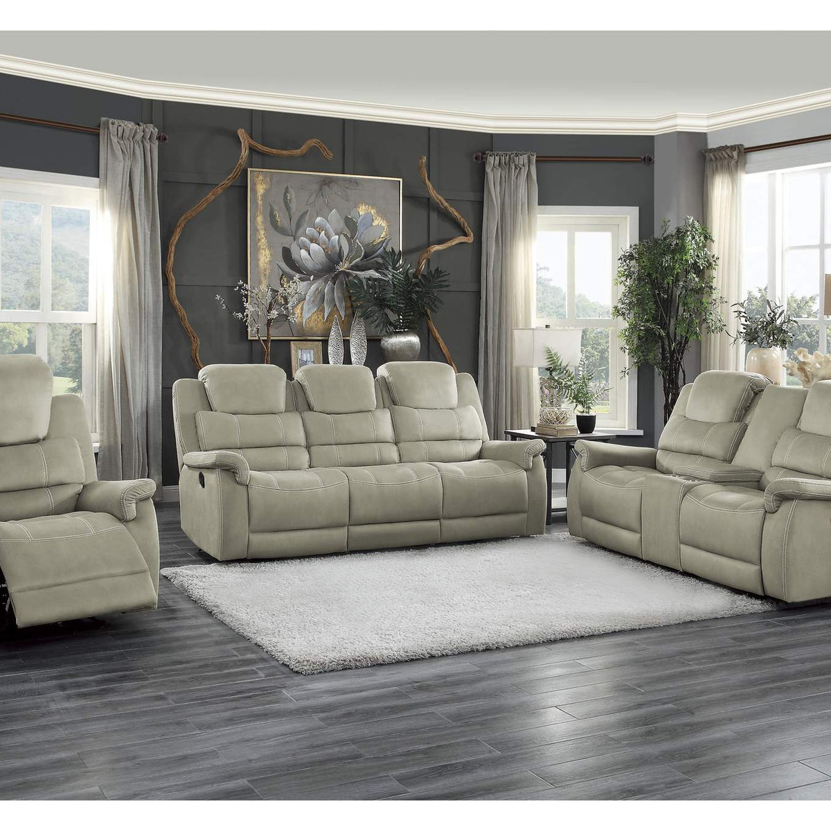 9848GY-3 Shola Double Reclining Sofa with Center Drop-Down Cup Holders, Receptacles and USB Ports