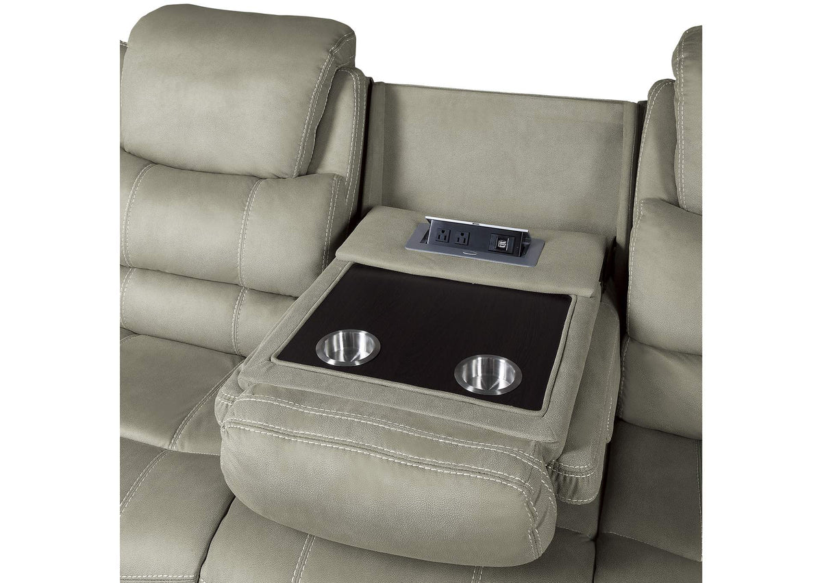 9848GY-3 Shola Double Reclining Sofa with Center Drop-Down Cup Holders, Receptacles and USB Ports
