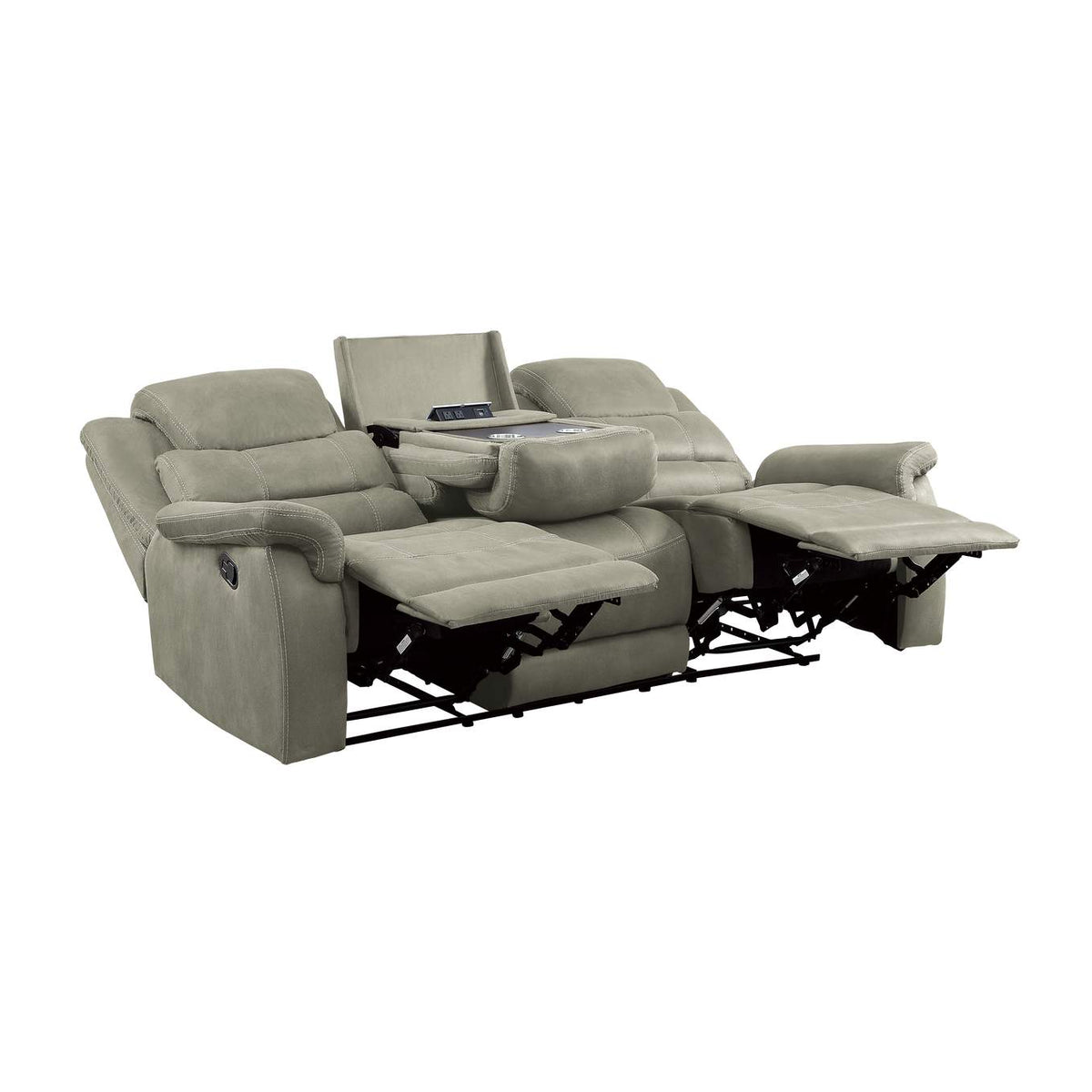 9848GY-3 Shola Double Reclining Sofa with Center Drop-Down Cup Holders, Receptacles and USB Ports