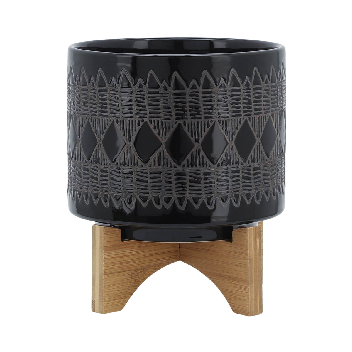 Ceramic Aztec Planter On Wooden Stand 8" - Black