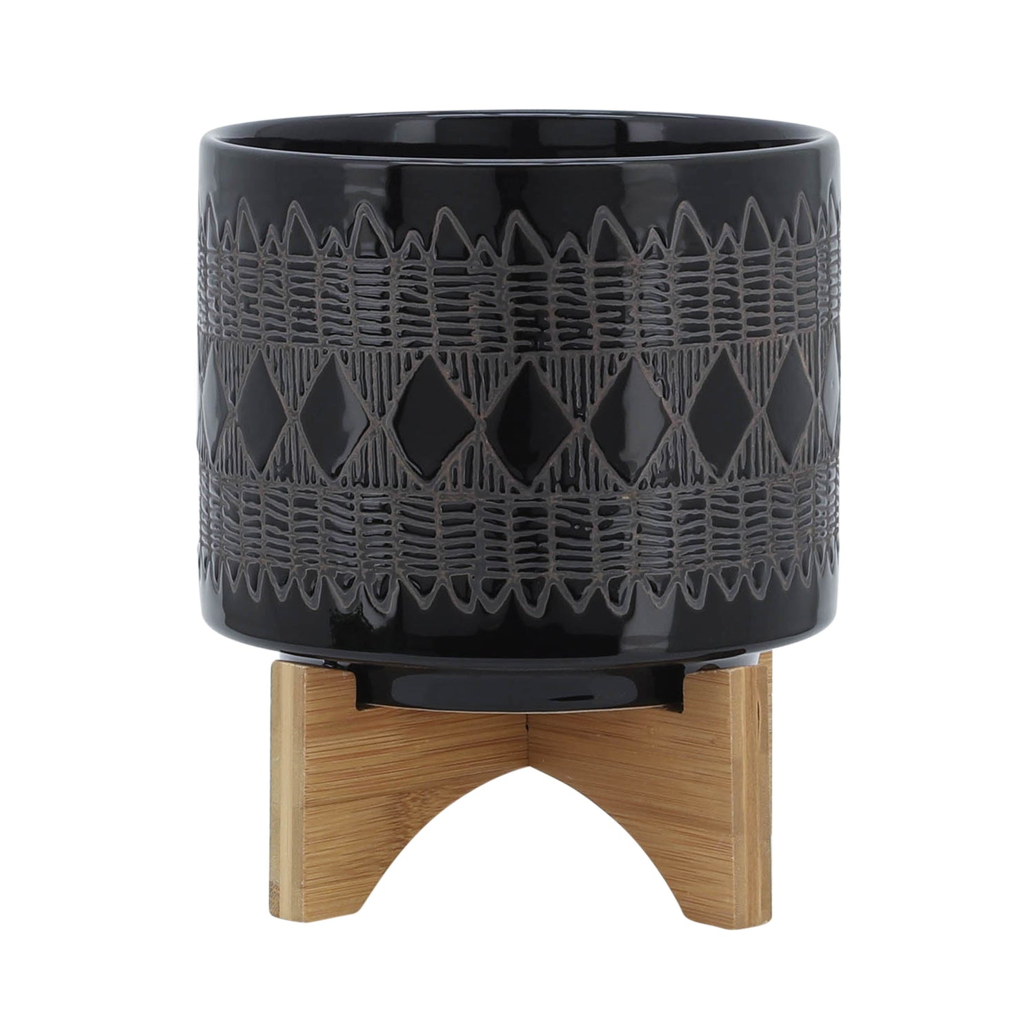 Ceramic Aztec Planter On Wooden Stand 8" - Black
