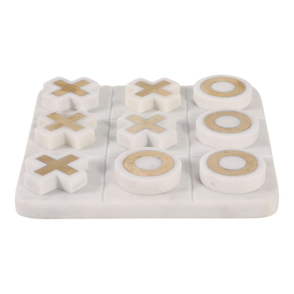 8" x 8" Marble Tic-Tac-Toe Brass Inlay - White / Gold