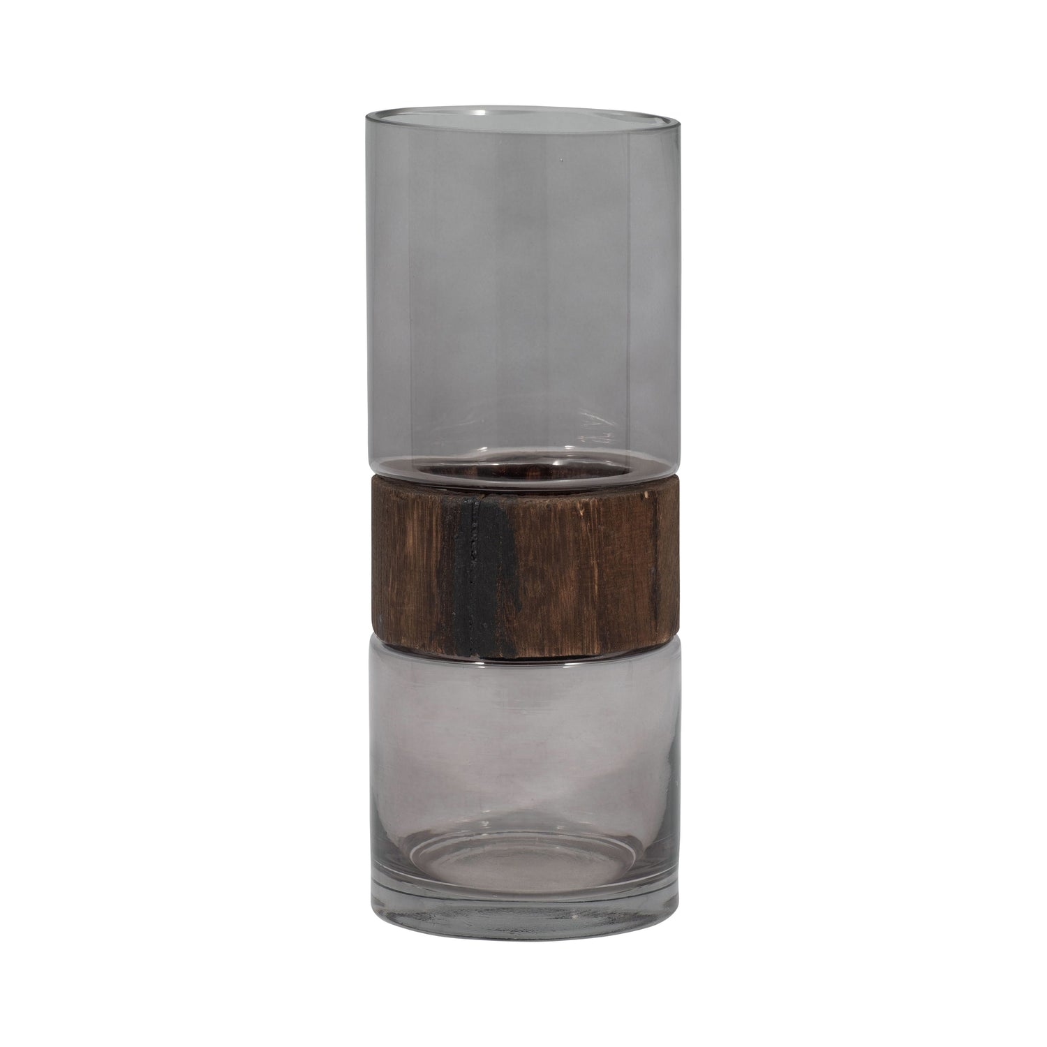 Glass 10" Cylinder Vase With Wood Band - Clear