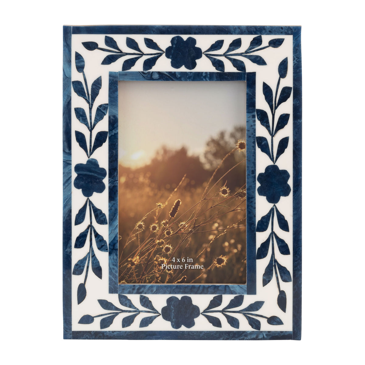 4" x 6" Resin Blue Petals Photo Frame - White / Blue