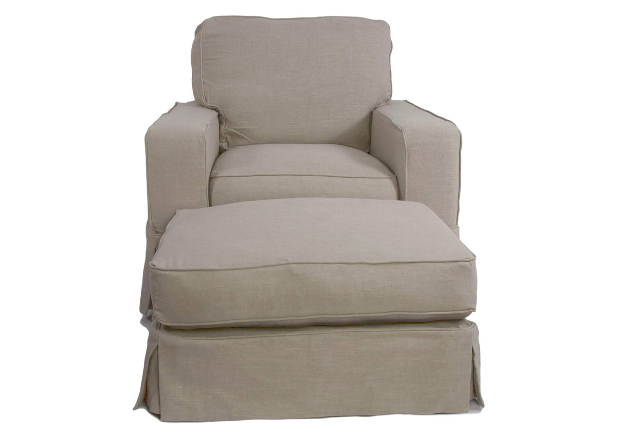 SU-108520-30-220591 Sunset Trading Americana Box Cushion Slipcovered Chair and Ottoman in Light Gray