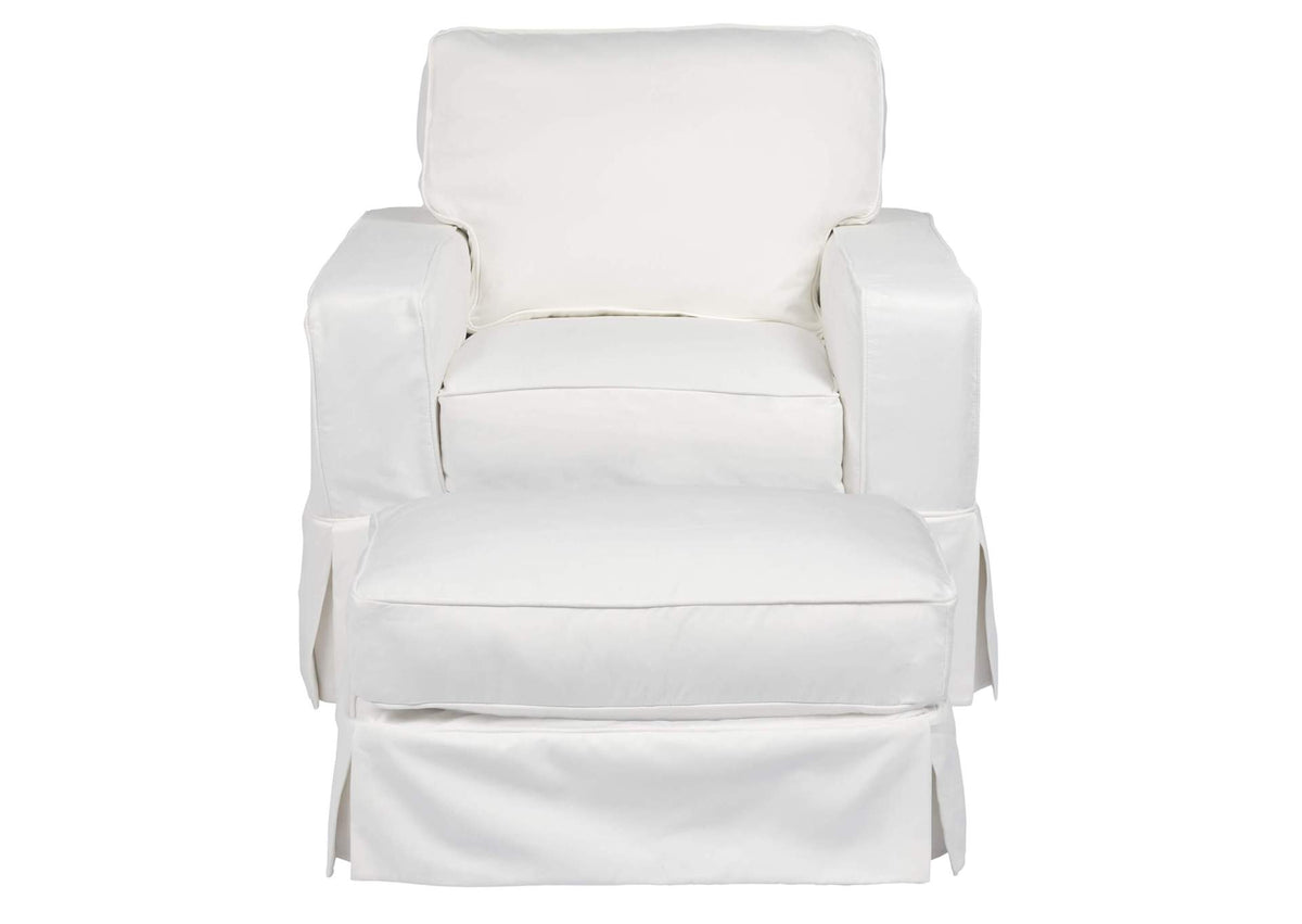SU-108520-30-391081 Sunset Trading Americana Box Cushion Slipcovered Chair and Ottoman | Performance Fabric Washable Water-Resistant Stain-Proof | White