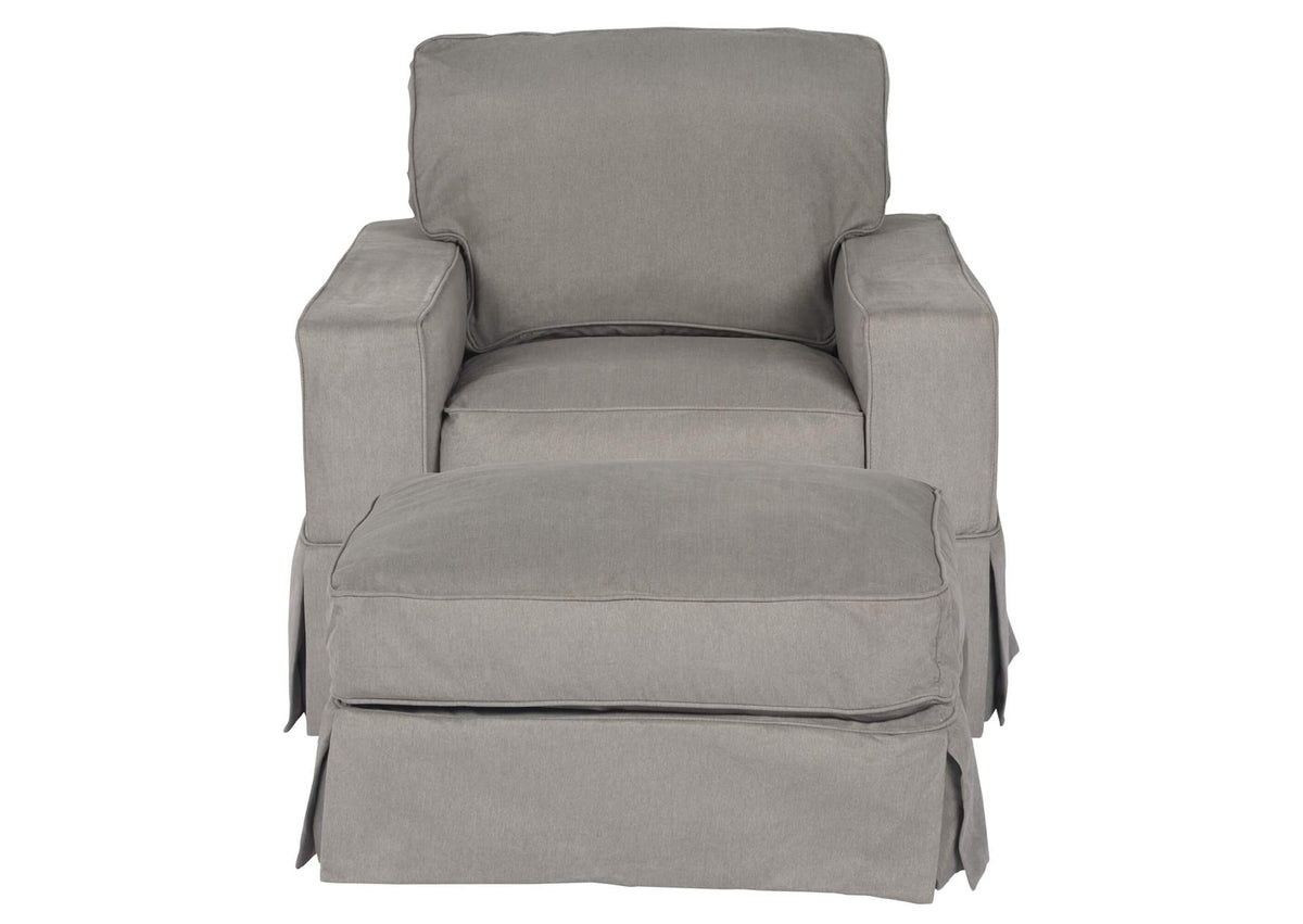 SU-108520-30-391094 Sunset Trading Americana Box Cushion Slipcovered Chair and Ottoman | Performance Fabric Washable Water-Resistant Stain-Proof | Gray
