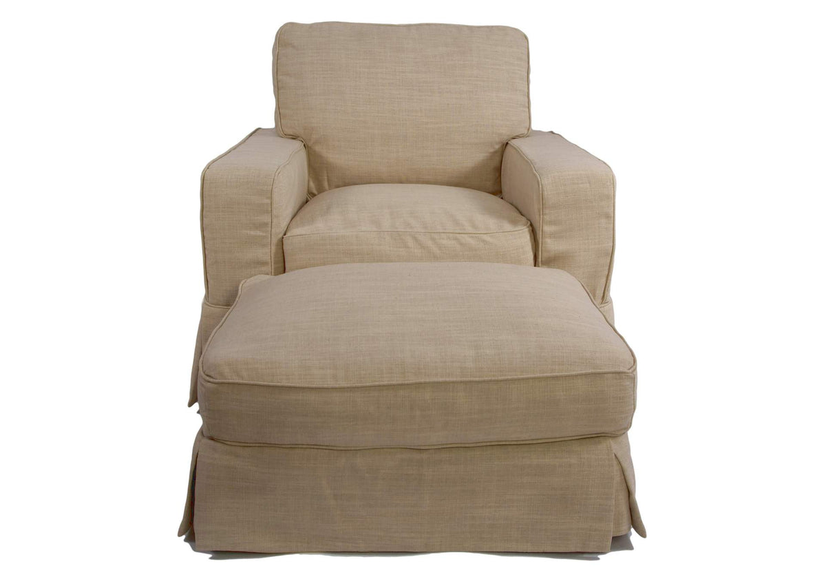 SU-108520-30-466082 Sunset Trading Americana Box Cushion Slipcovered Chair and Ottoman | Linen