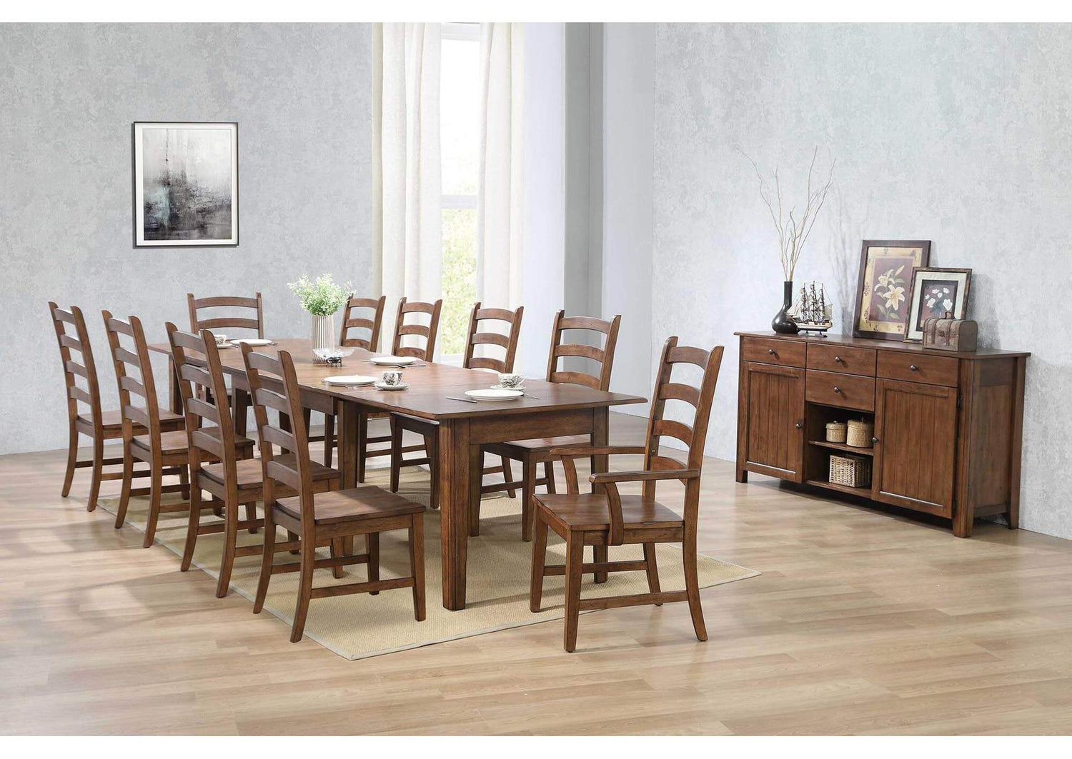 DLU-BR134-AMSB12PC Sunset Trading 12 Piece Simply Brook Rectangular Extendable Table Dining Set | Sideboard| Amish Brown