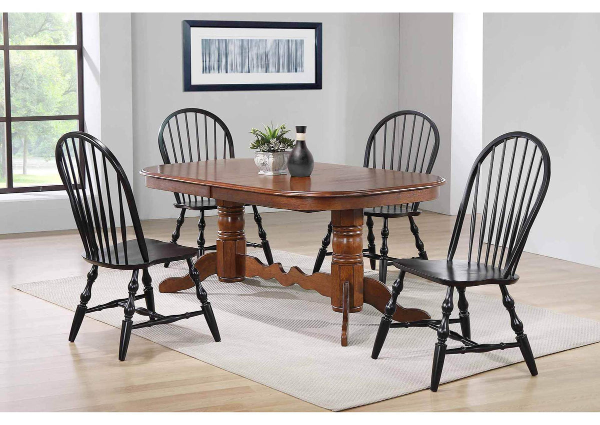 DLU-ADW4296CT-C30-AB5PC Sunset Trading Andrews 5 Piece Double Pedestal Dining Set | Chestnut Table with Antique Black Windsor Chairs
