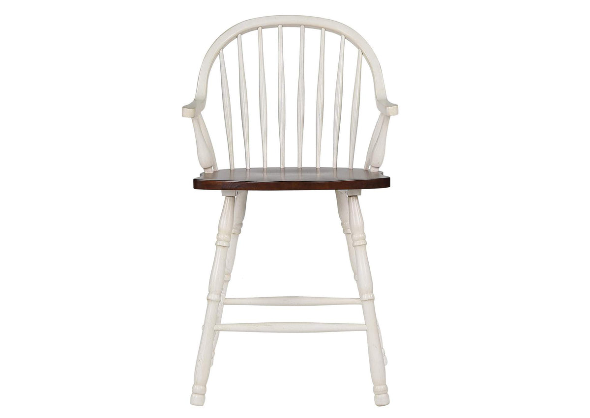 DLU-ADW-B3024A-AW-2 Sunset Trading Andrews 24" Counter Height Windsor Arm Stool | Antique White and Chestnut Brown| Set of 2