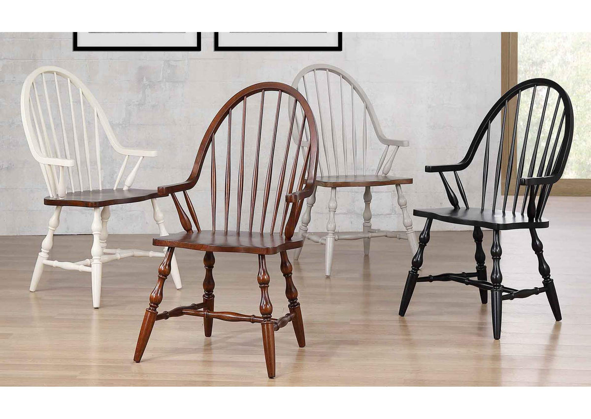 DLU-ADW-C30A-AW Sunset Trading Andrews Windsor Dining Chair with Arms | Antique White and Chestnut Brown