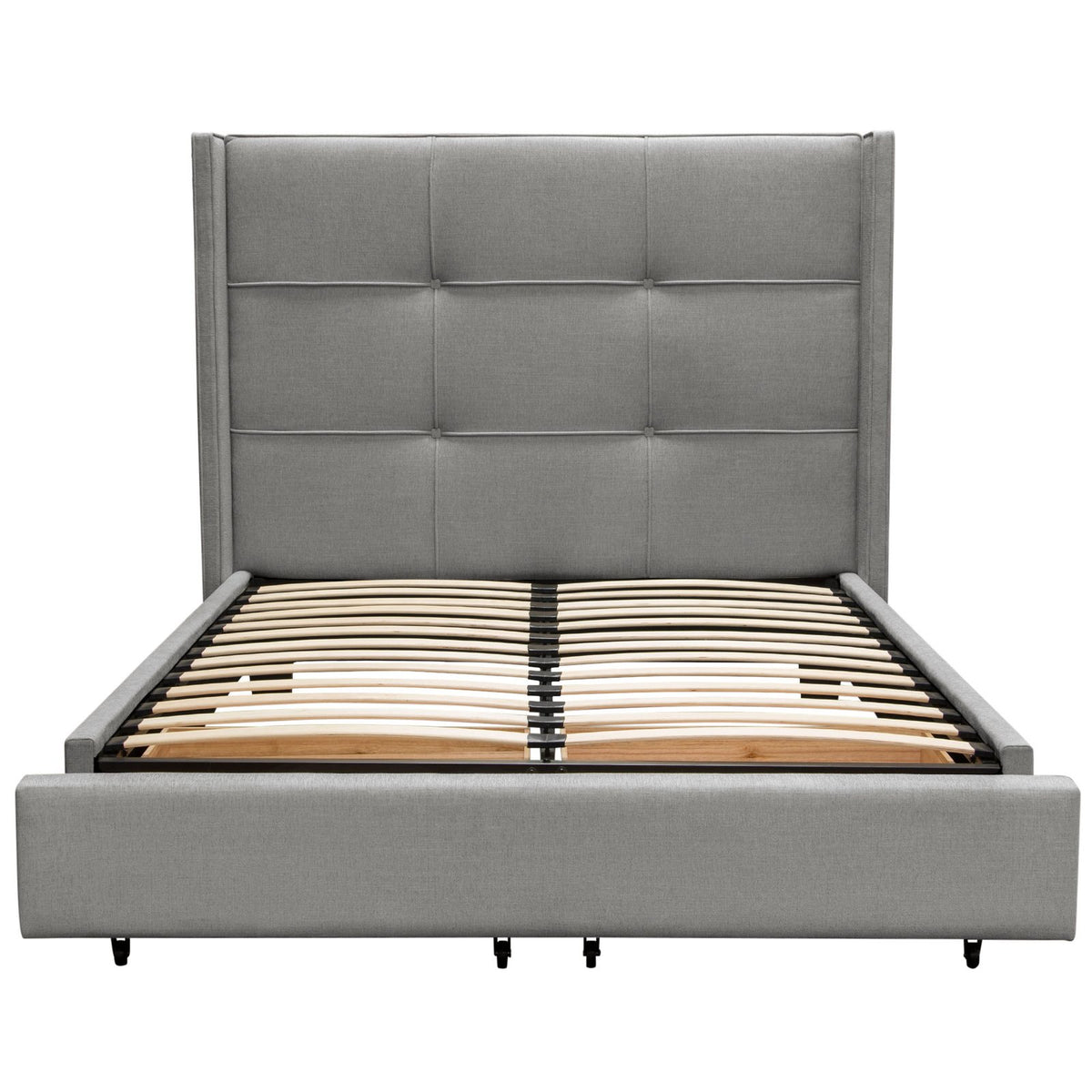 Beverly Queen Bed with Integrated Footboard Storage Unit & Accent Wings in Grey Fabric