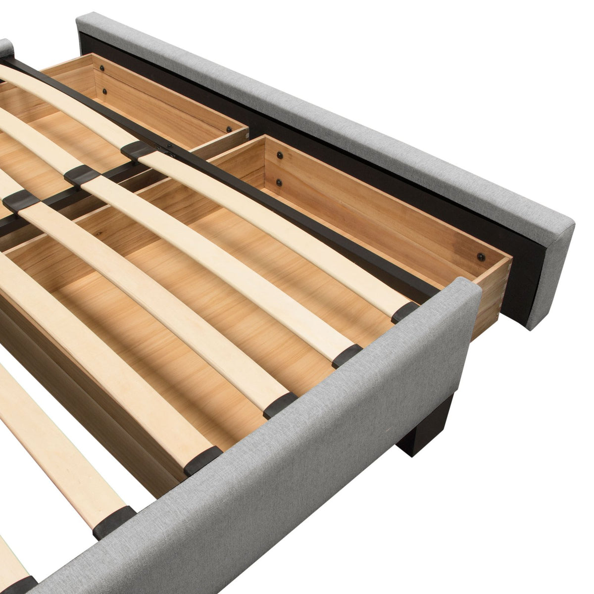 Beverly Queen Bed with Integrated Footboard Storage Unit & Accent Wings in Grey Fabric