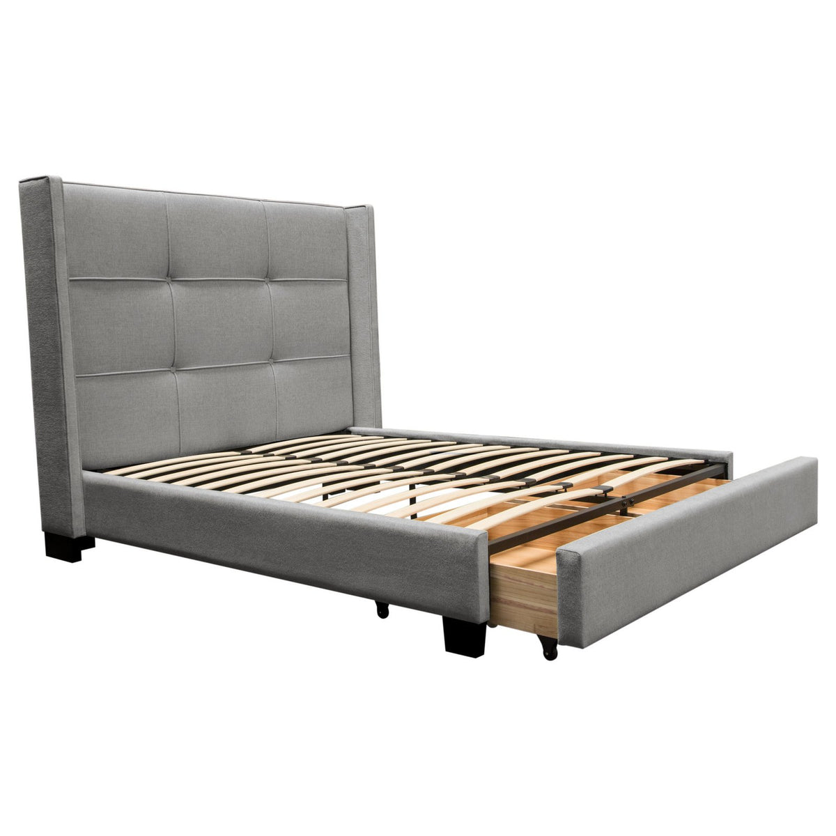 Beverly Queen Bed with Integrated Footboard Storage Unit & Accent Wings in Grey Fabric