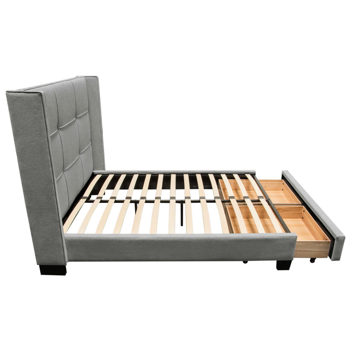 Beverly Queen Bed with Integrated Footboard Storage Unit & Accent Wings in Grey Fabric