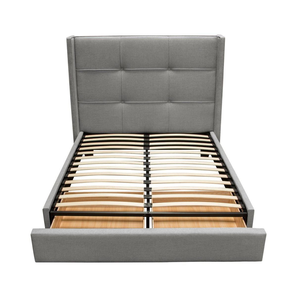 Beverly Queen Bed with Integrated Footboard Storage Unit & Accent Wings in Grey Fabric