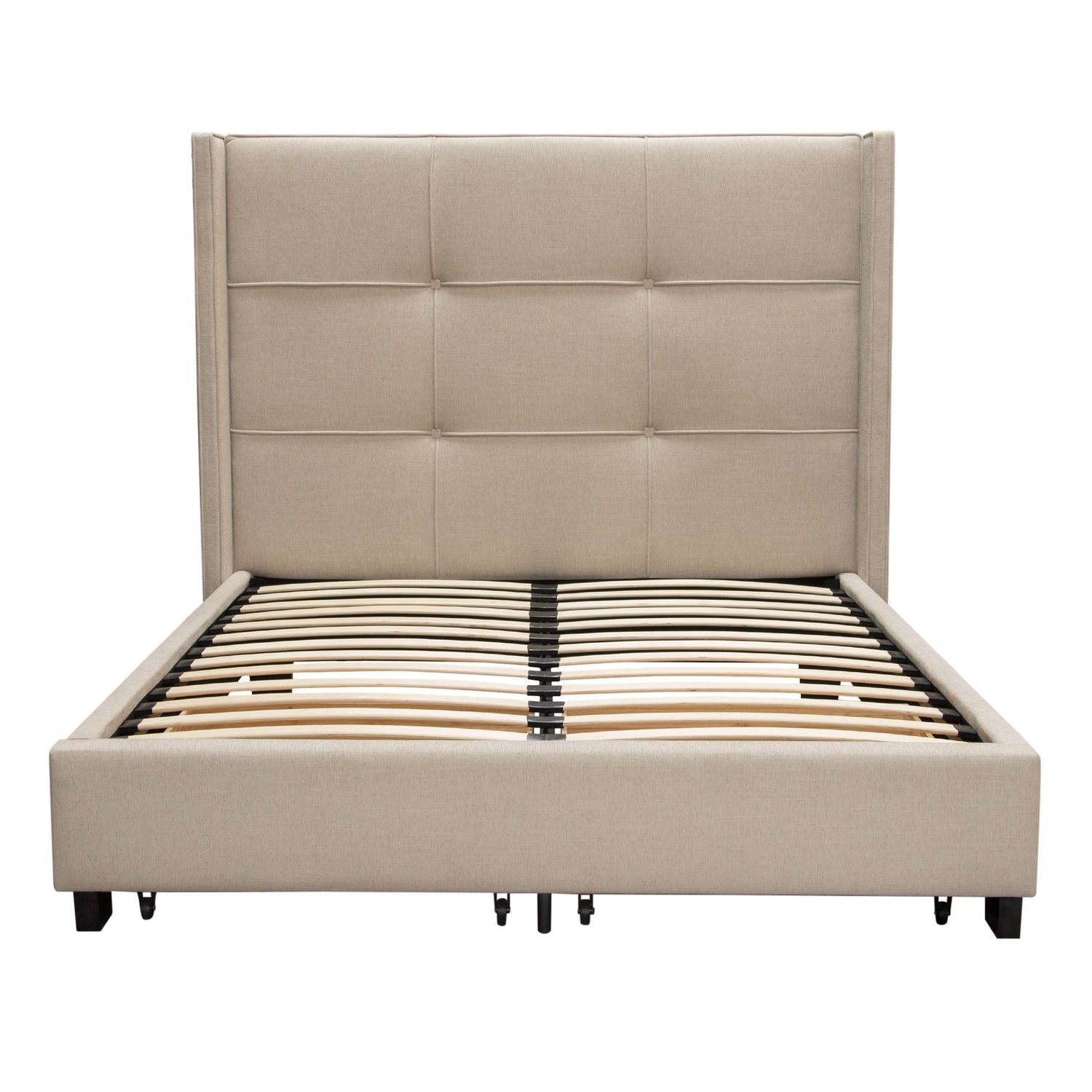 Beverly Queen Bed with Integrated Footboard Storage Unit & Accent Wings in Sand Fabric