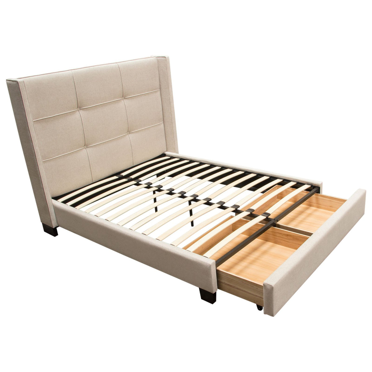 Beverly Queen Bed with Integrated Footboard Storage Unit & Accent Wings in Sand Fabric