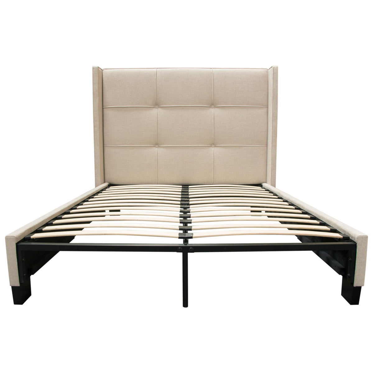 Beverly Queen Bed with Integrated Footboard Storage Unit & Accent Wings in Sand Fabric