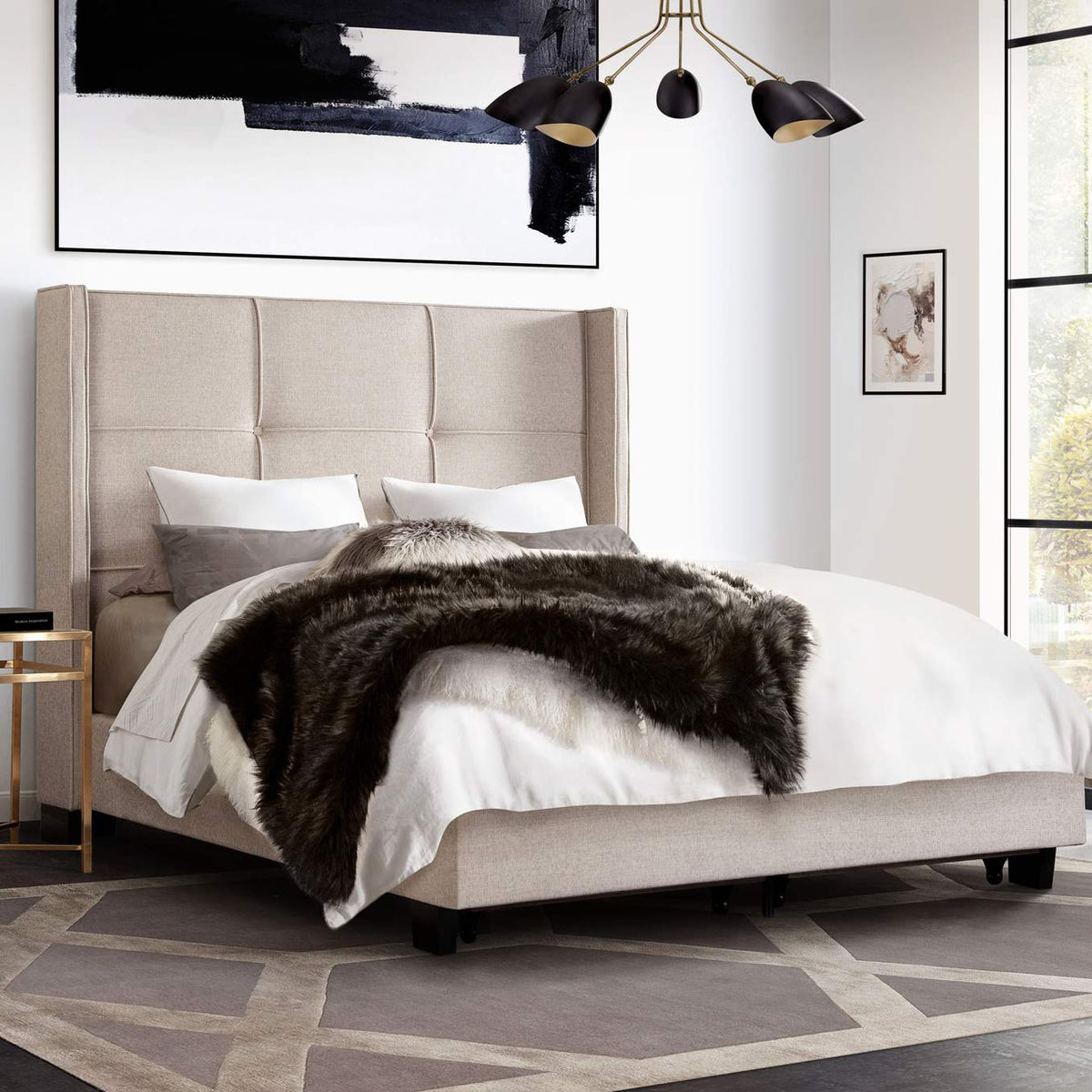 BEVERLYSDQUBED Beverly Queen Bed With Integrated Footboard Storage Unit & Accent Wings In Sand Fabric By Diamond Sofa