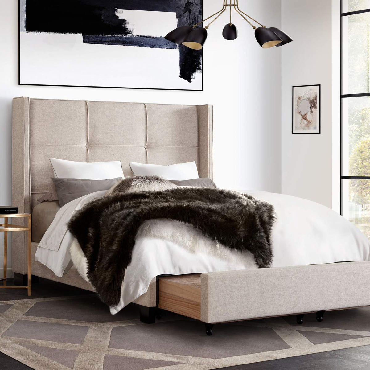 BEVERLYSDQUBED Beverly Queen Bed With Integrated Footboard Storage Unit & Accent Wings In Sand Fabric By Diamond Sofa