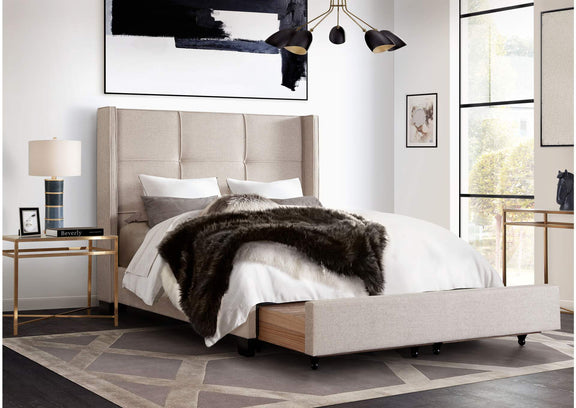 BEVERLYSDQUBED Beverly Queen Bed With Integrated Footboard Storage Unit & Accent Wings In Sand Fabric By Diamond Sofa