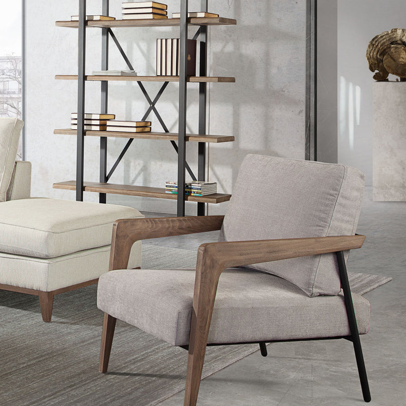 Blair Accent Chair in White Fabric with Curved Wood Leg