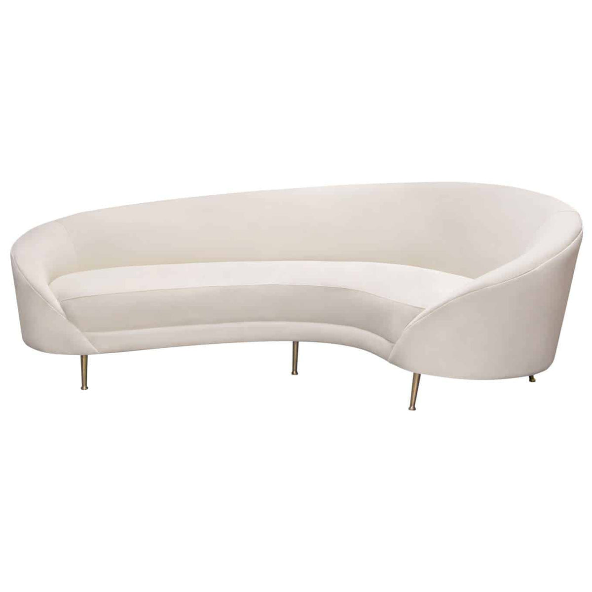 Celine Curved Sofa With Contoured Back In Light Cream Velvet And Gold Metal Legs