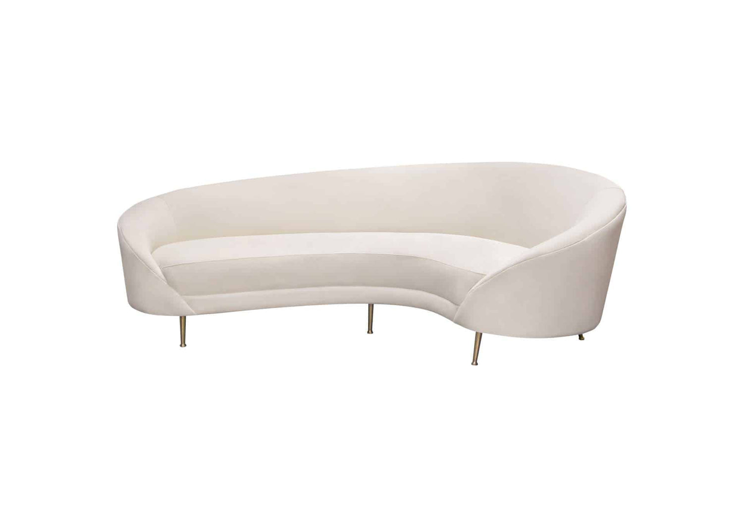 Celine Curved Sofa With Contoured Back In Light Cream Velvet And Gold Metal Legs