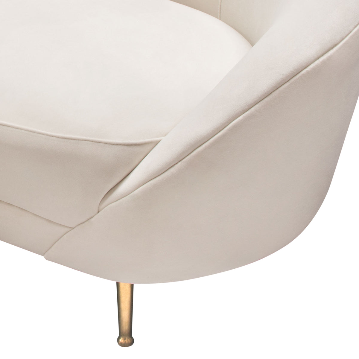 Celine Curved Sofa With Contoured Back In Light Cream Velvet And Gold Metal Legs