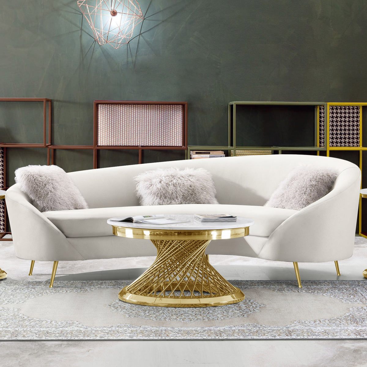 Celine Curved Sofa With Contoured Back In Light Cream Velvet And Gold Metal Legs