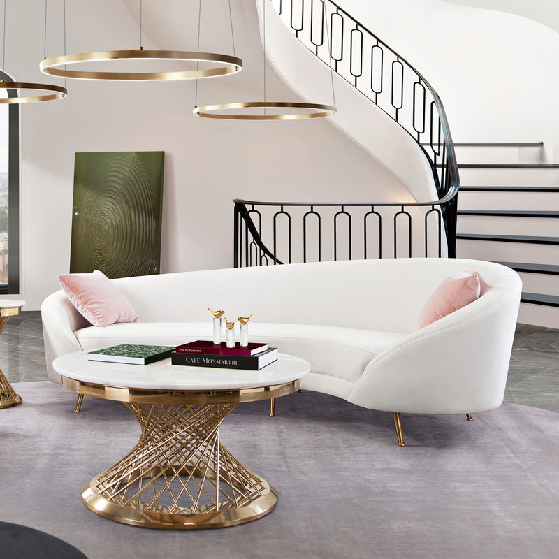 Celine Curved Sofa With Contoured Back In Light Cream Velvet And Gold Metal Legs