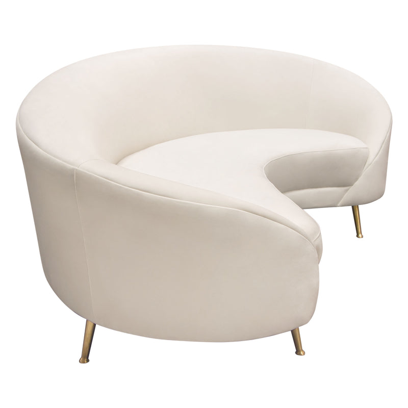 Celine Curved Sofa With Contoured Back In Light Cream Velvet And Gold Metal Legs