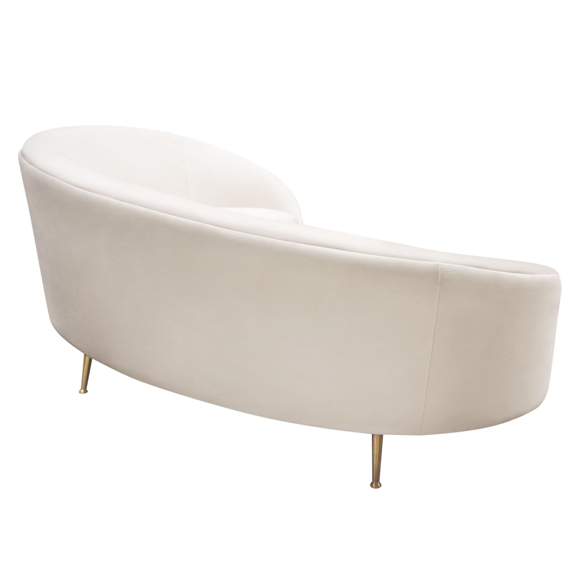 Celine Curved Sofa With Contoured Back In Light Cream Velvet And Gold Metal Legs