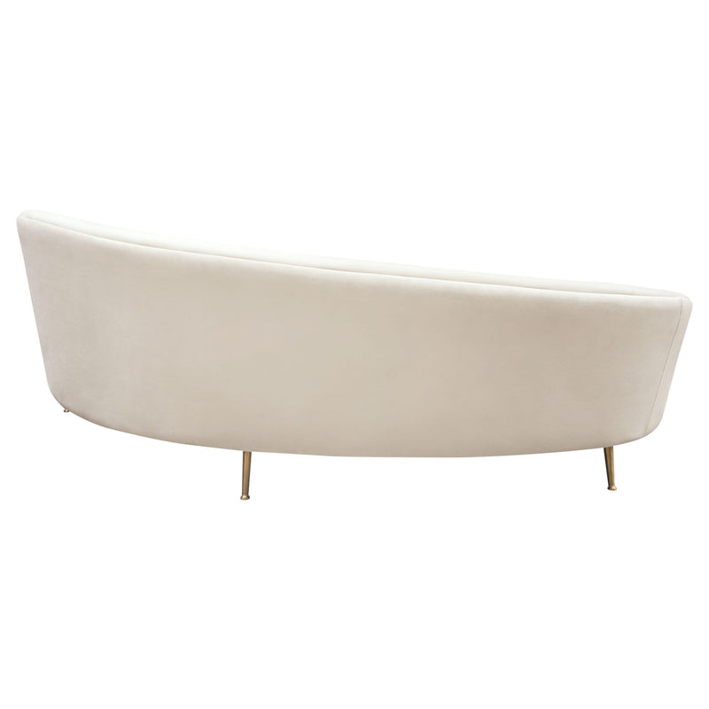 Celine Curved Sofa With Contoured Back In Light Cream Velvet And Gold Metal Legs