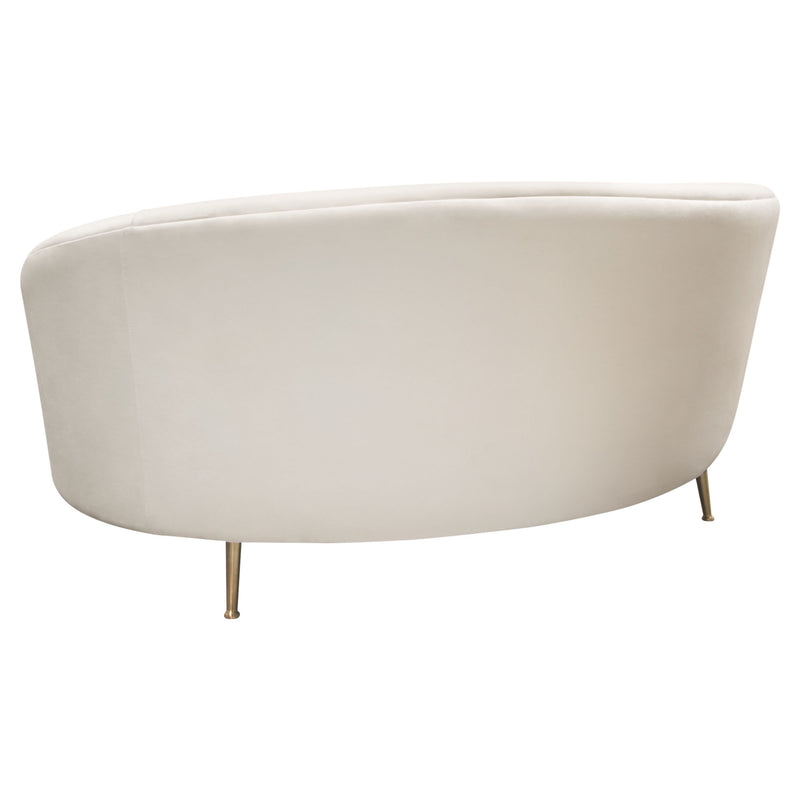 Celine Curved Sofa With Contoured Back In Light Cream Velvet And Gold Metal Legs