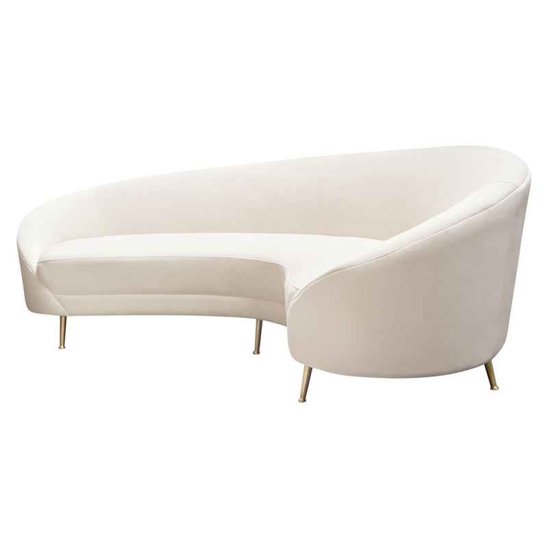 Celine Curved Sofa With Contoured Back In Light Cream Velvet And Gold Metal Legs