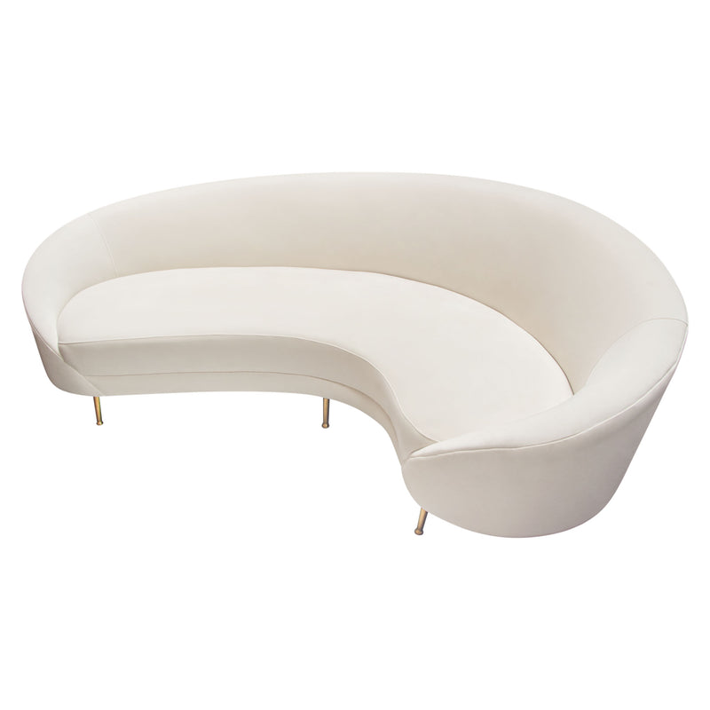 Celine Curved Sofa With Contoured Back In Light Cream Velvet And Gold Metal Legs