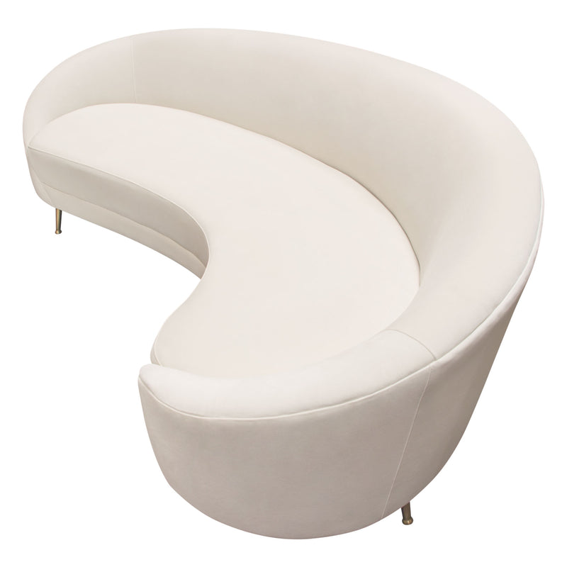 Celine Curved Sofa With Contoured Back In Light Cream Velvet And Gold Metal Legs