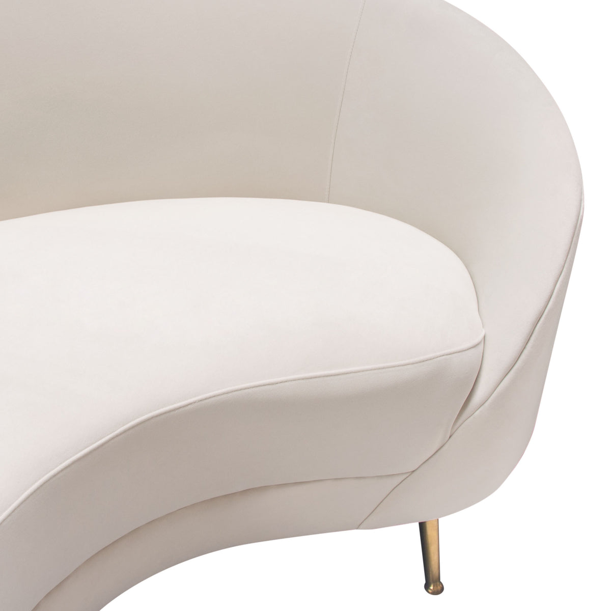 Celine Curved Sofa With Contoured Back In Light Cream Velvet And Gold Metal Legs