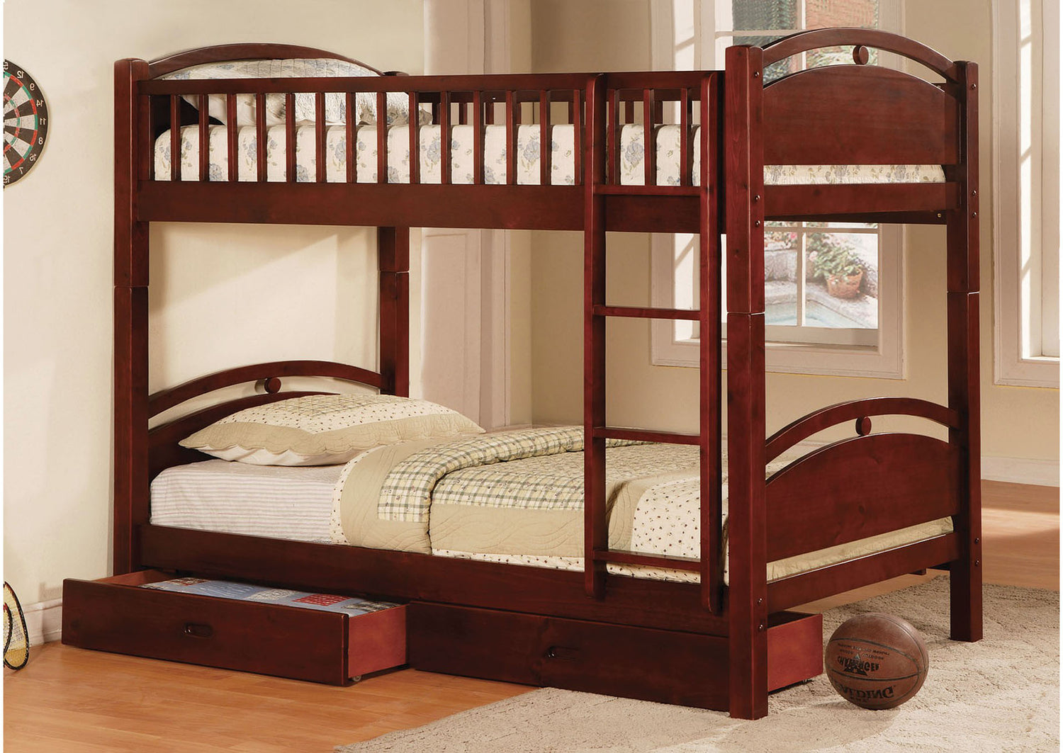 California l Cherry 2 Drawer Twin Bunk Bed w/Dresser and Mirror